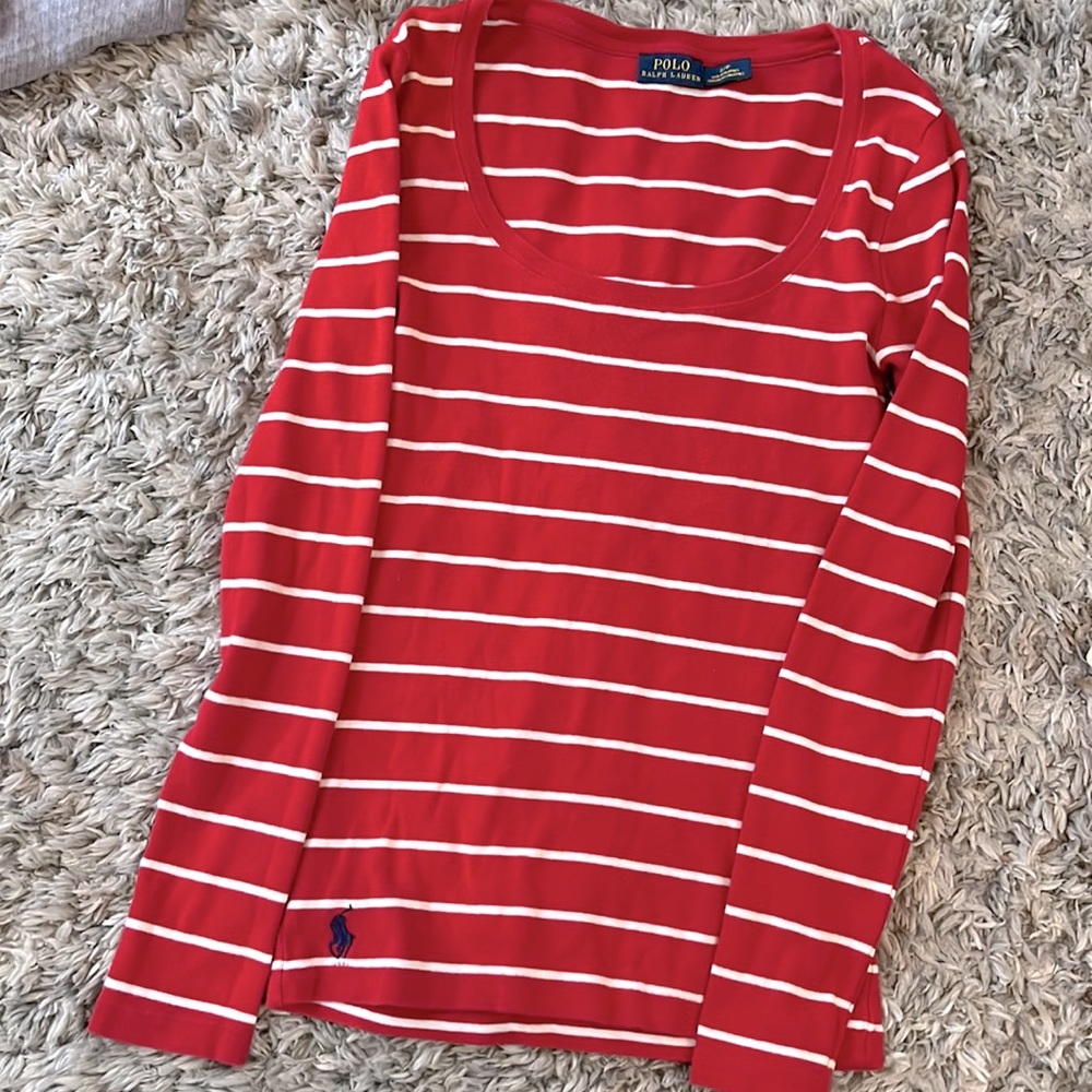 Red and white striped long sleeve Ralph Lauren polo